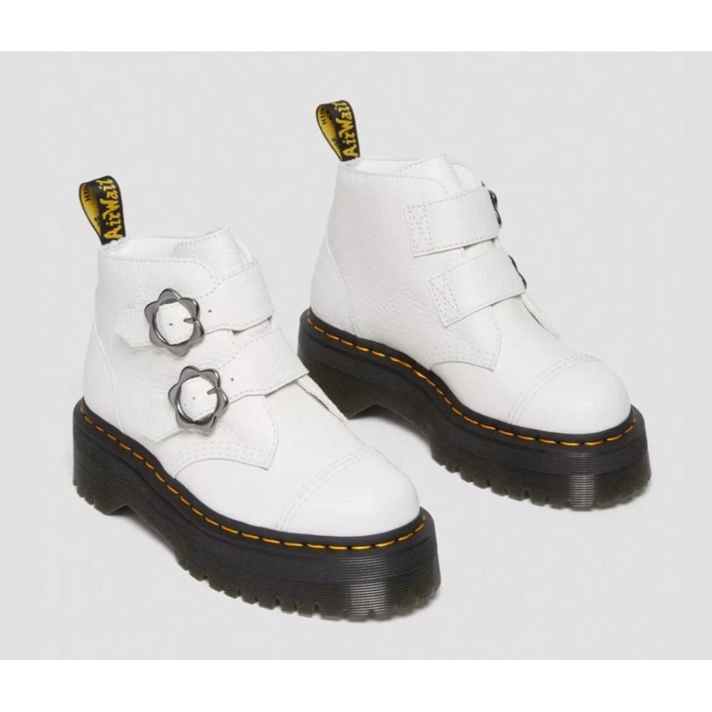 Doc Dr. Martens Air Wair DEVON Flower Buckle White Leather Platform Boots Wm's - Picture 4 of 11